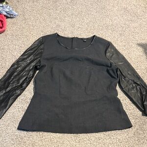 Ann Taylor Black Blouse with Faux Leather Sleeves